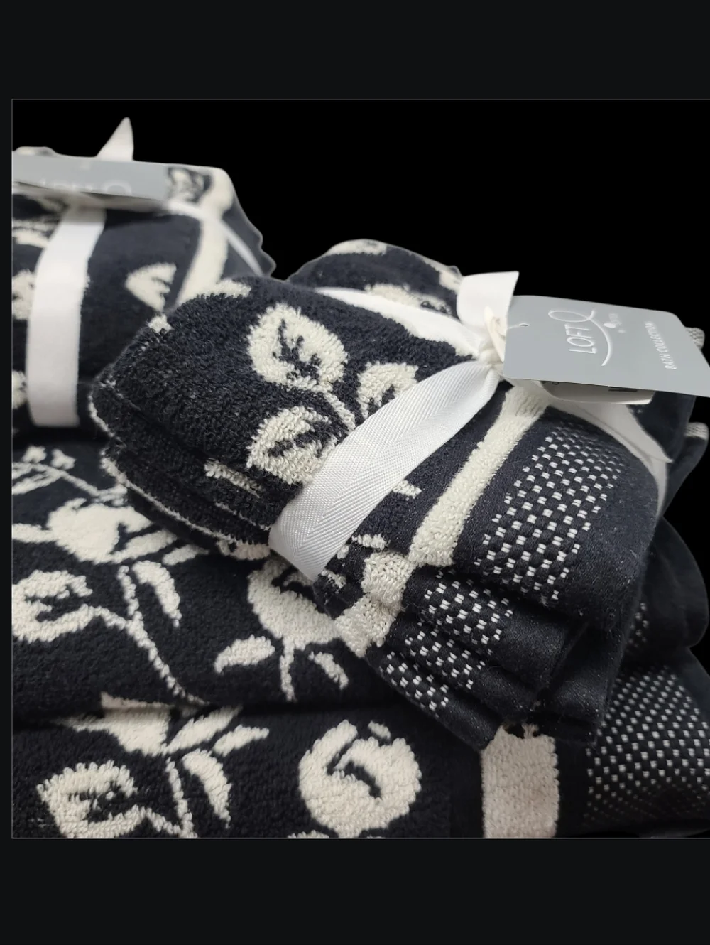 8pc Loft Black Cream Floral Bath Hand Washcloth Towel Set New